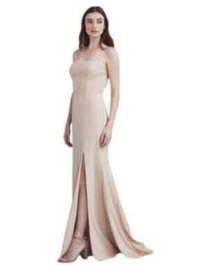 Amsale Nude Beige Spaghetti Strap Maxi Evening Gown